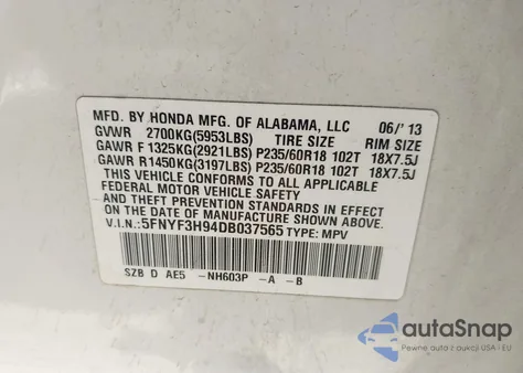 2013 Honda Pilot Touring z USA, uszkodzony, nr VIN 5FNYF3H94DB037565